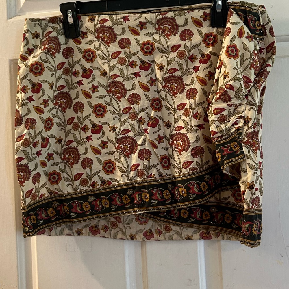Zara Cream Floral Border Mini Skirt with Rust & Olive Accents
